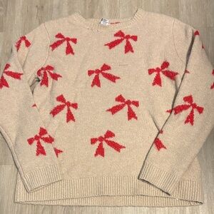 cupcakes & cashmere Beige Sweater with Red Bow Design